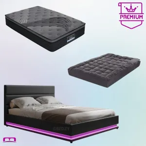 King Single Premium Package | Henley LED Storage Bed Frame Black, Alanya Euro Top Pocket Spring Mattress (Medium Firm) & Pillowtop Mattress Topper