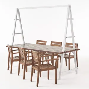 Kinley Outdoor Modern 6 Seater Acacia Wood and Iron Planter Dining Set