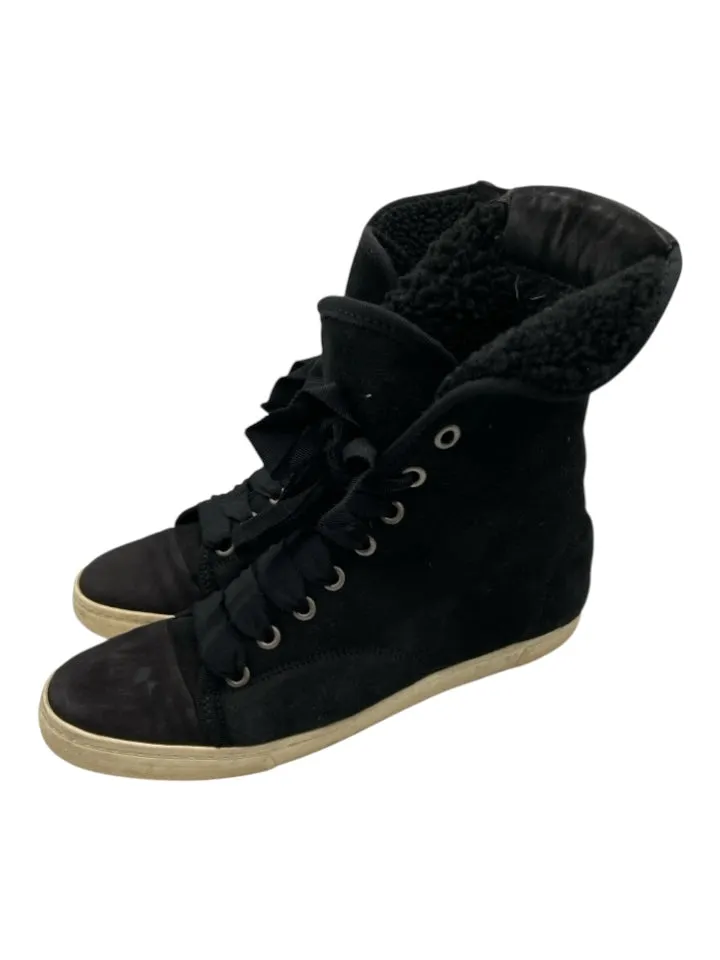 Lanvin Shoe Size 8.5 Black Leather Shearling Lined lace up High Top Sneakers