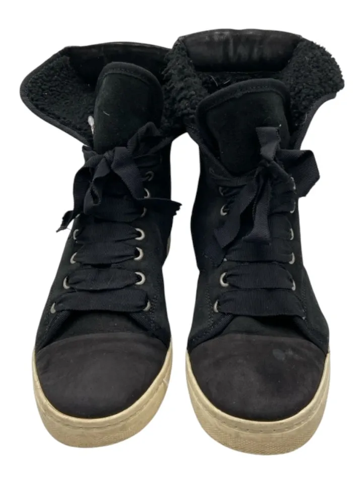 Lanvin Shoe Size 8.5 Black Leather Shearling Lined lace up High Top Sneakers