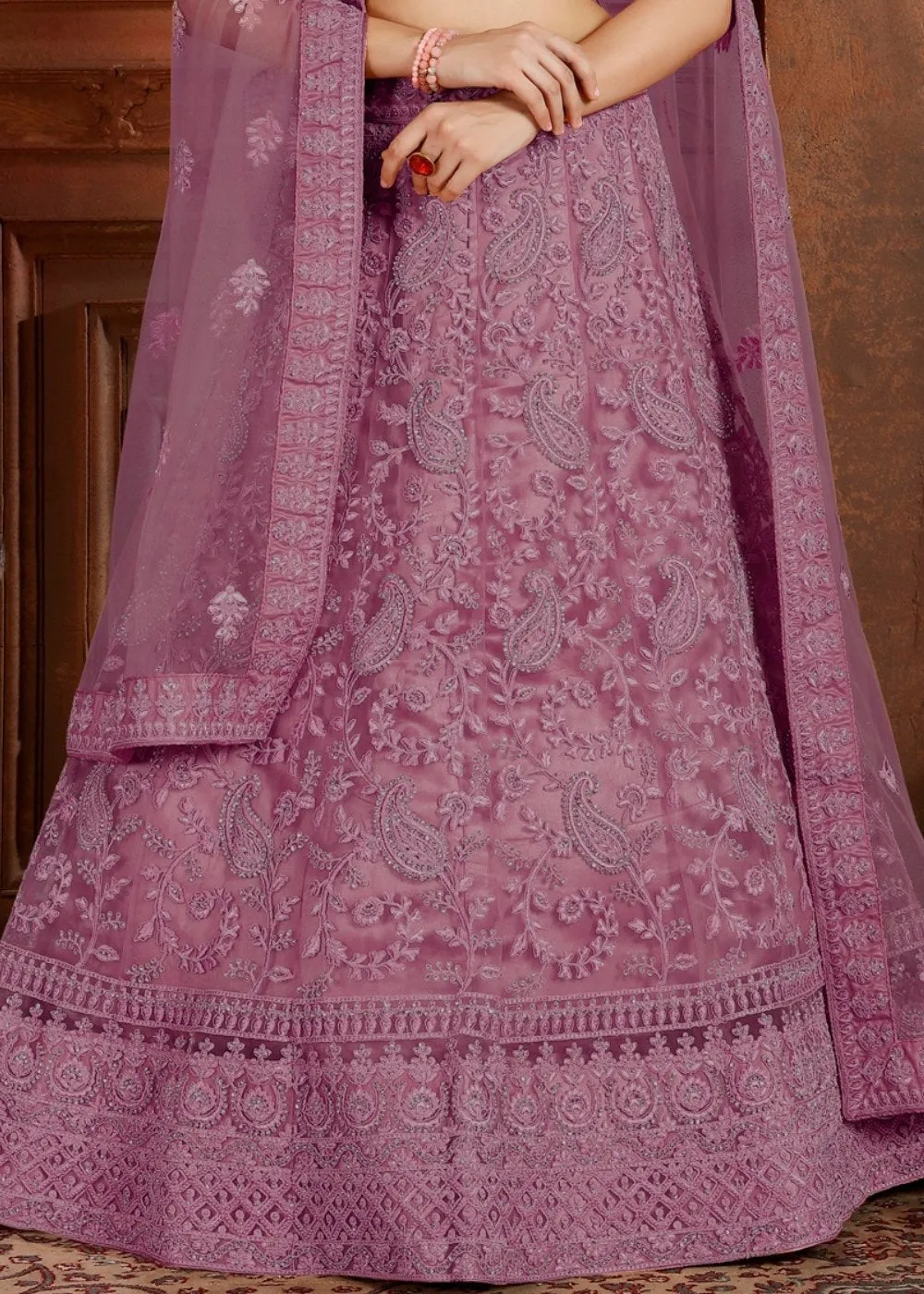 Mauve Purple Soft Net Lehenga Choli with Thread, Zarkan & Pearl work