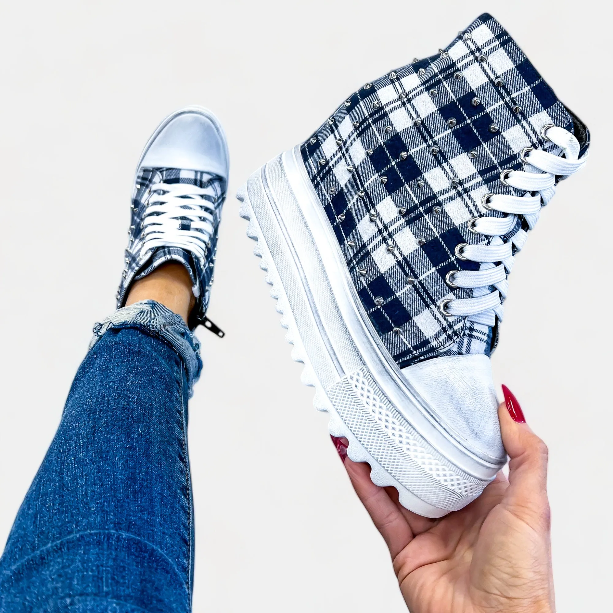 Navy Plaid Platform Wedge Sneakers