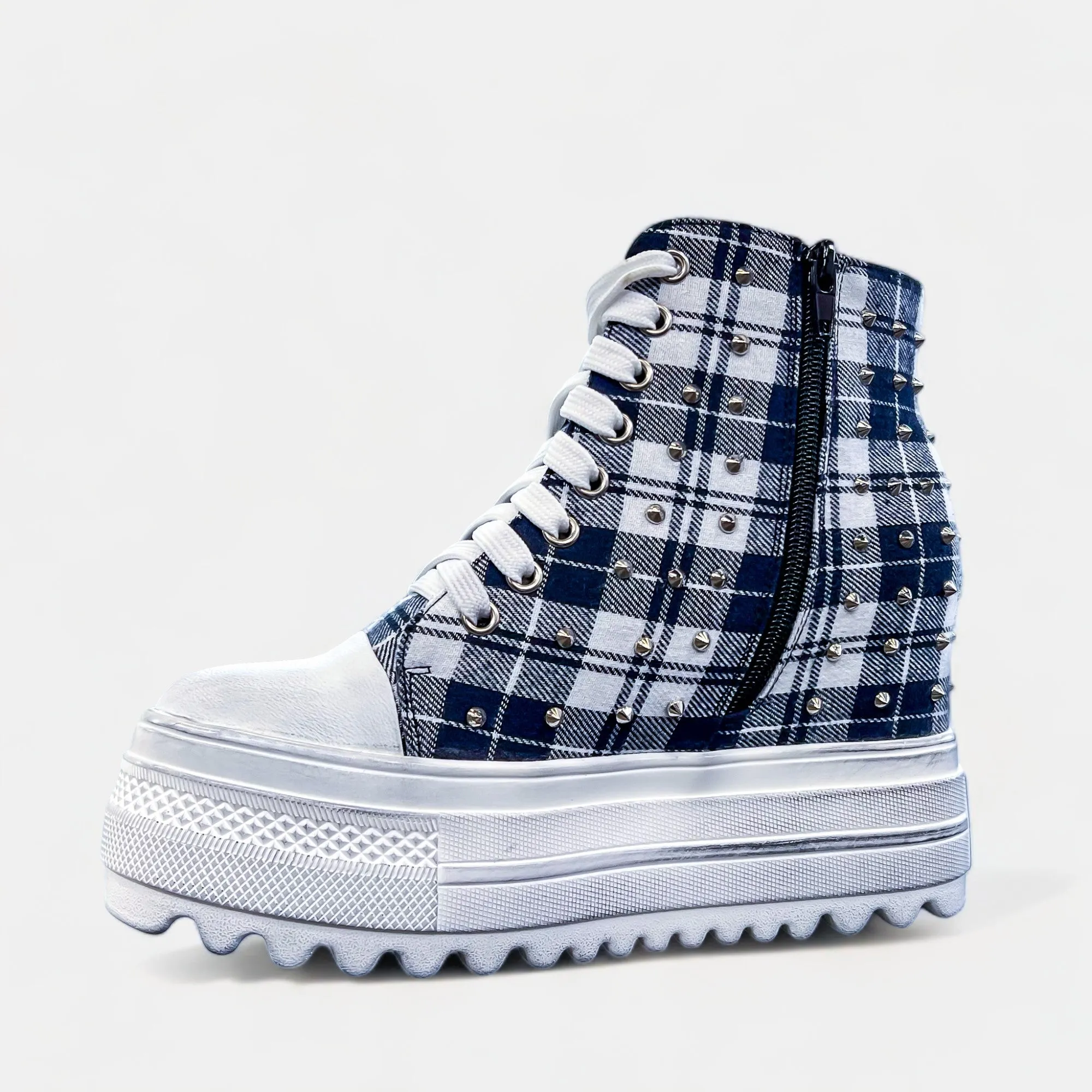 Navy Plaid Platform Wedge Sneakers