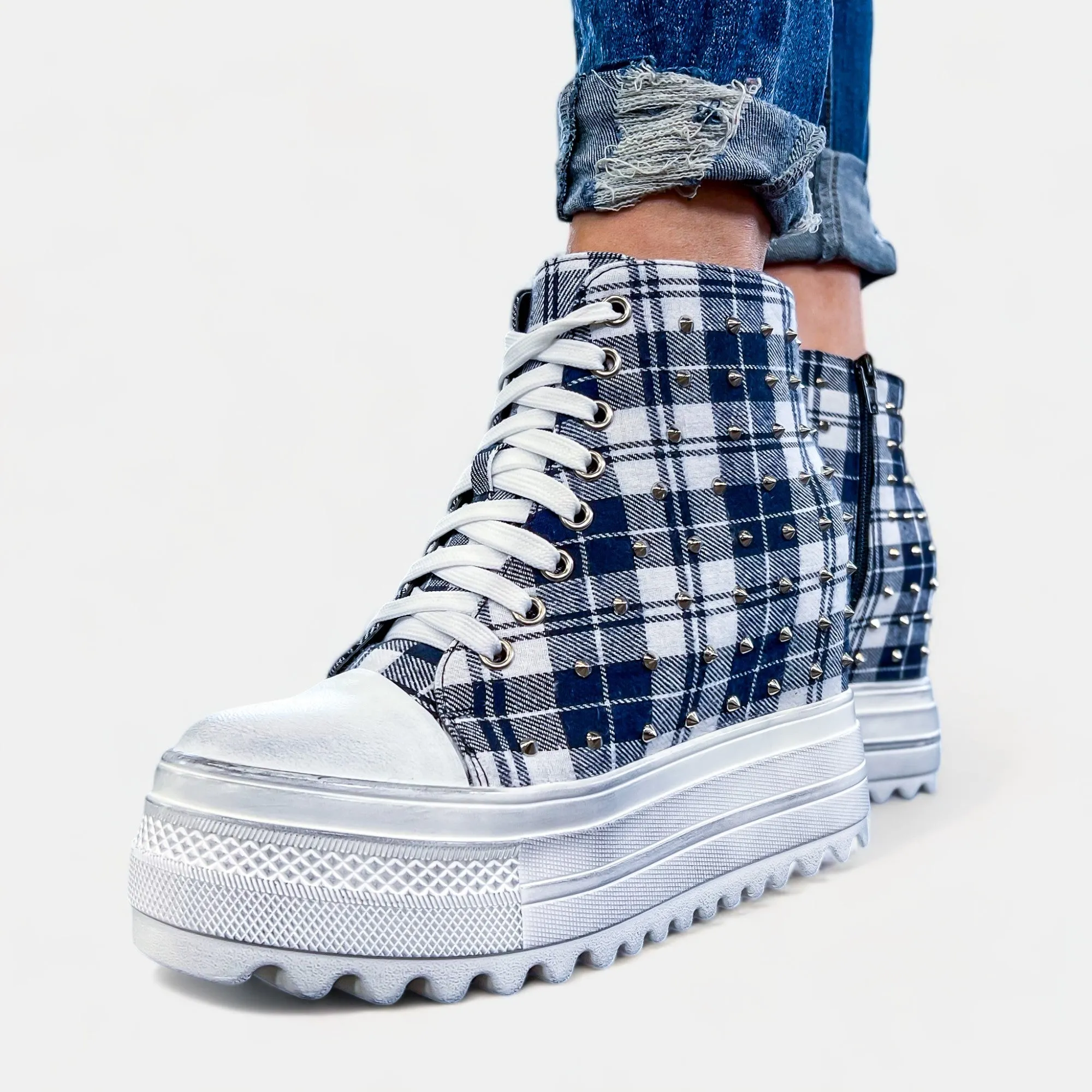 Navy Plaid Platform Wedge Sneakers