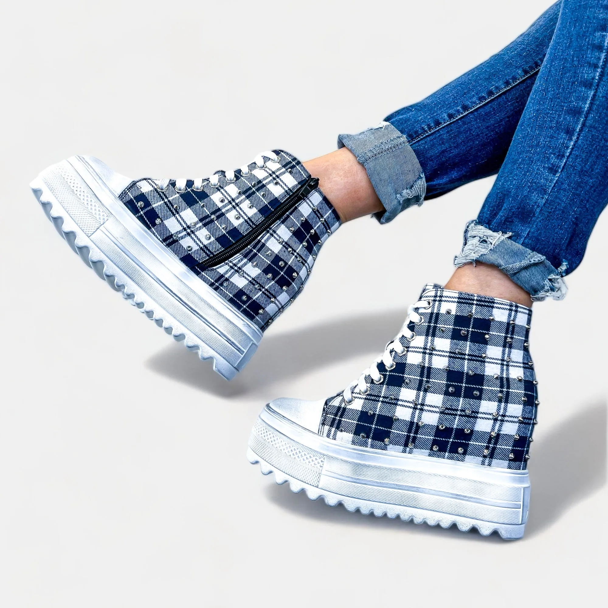 Navy Plaid Platform Wedge Sneakers