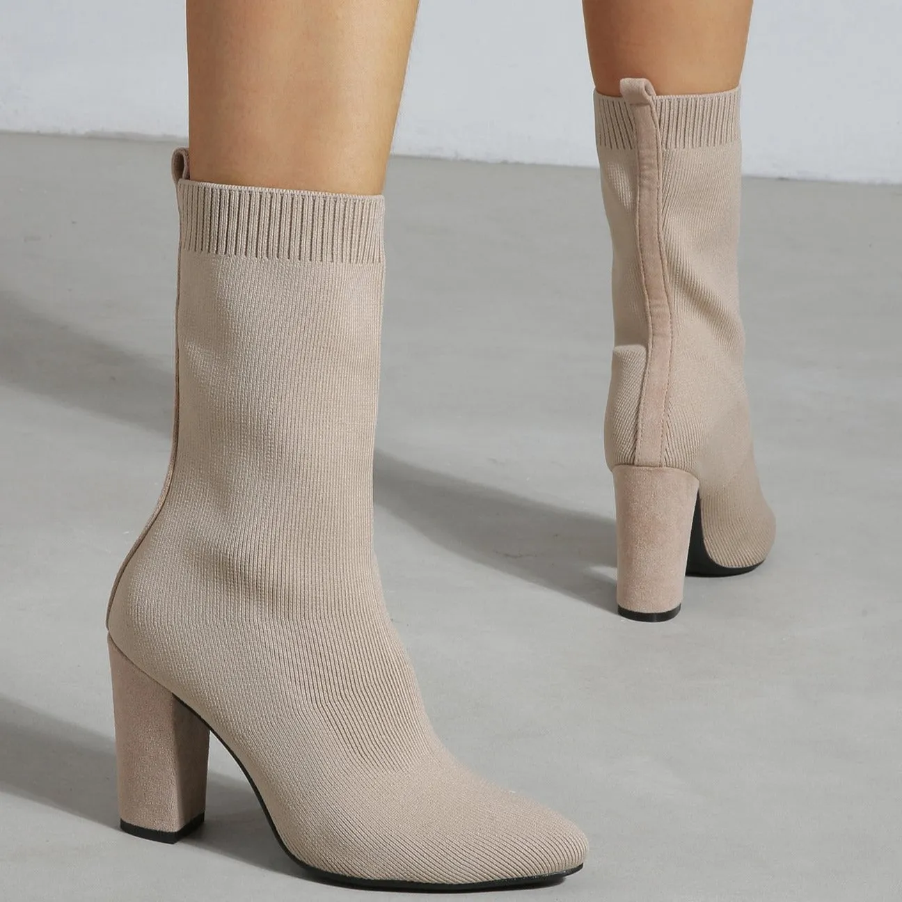 Pointed Toe Chunky Heel Sock Boots