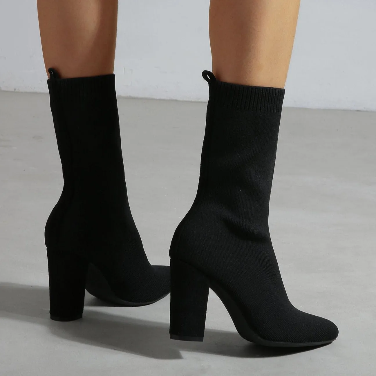 Pointed Toe Chunky Heel Sock Boots