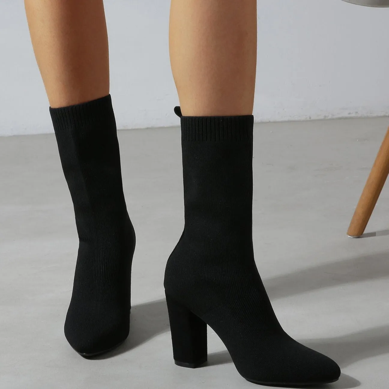 Pointed Toe Chunky Heel Sock Boots