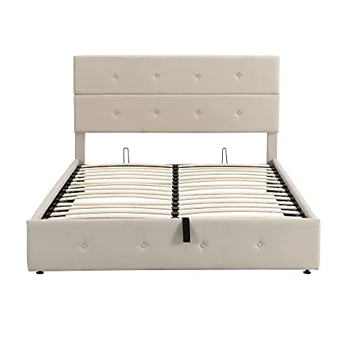 Queen Platform Bed with Storage Underneath, Upholstered Platform Bed with Gas Lift up Storage, Metal Bed Frame with Tufted Headboard（Beige, Button-Tufted）