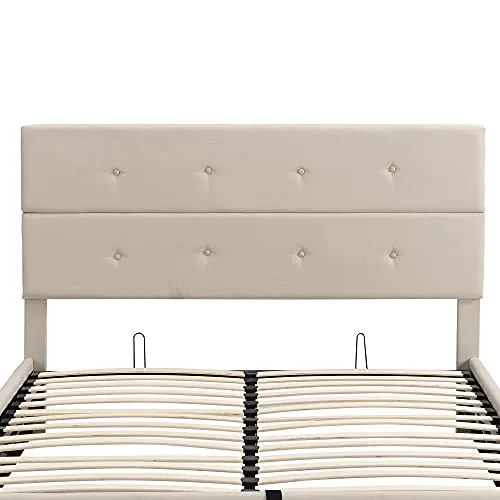 Queen Platform Bed with Storage Underneath, Upholstered Platform Bed with Gas Lift up Storage, Metal Bed Frame with Tufted Headboard（Beige, Button-Tufted）