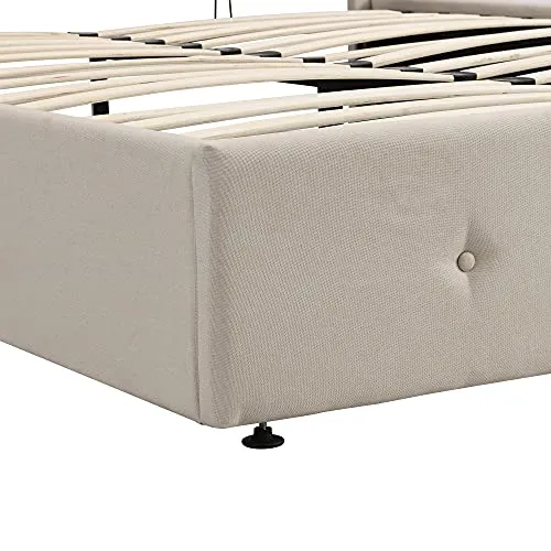 Queen Platform Bed with Storage Underneath, Upholstered Platform Bed with Gas Lift up Storage, Metal Bed Frame with Tufted Headboard（Beige, Button-Tufted）