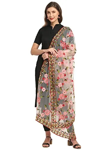 Shasmi Women's Heavy Net Embroidered Fancy phulkari work Dupatta for women (ONLY Dupatta) (White)