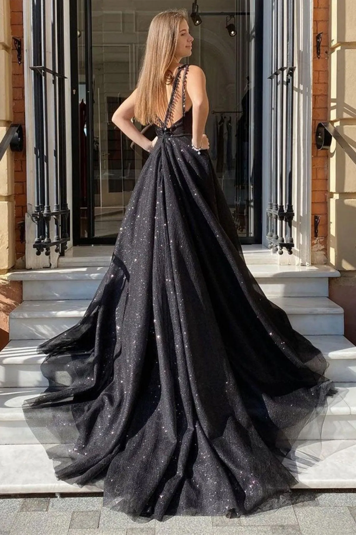 Shiny Tulle V Neck Open Back Black Long Prom Dresses with High Slit PSK348