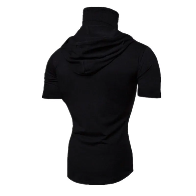 SOLID COLOR HOODED FACE MASK T-SHIRT FOR MEN'S SLIM FIT SPORTS HOODED TIE UP TOP T-SHIRT FOR MEN