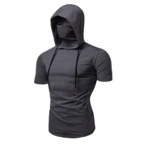 SOLID COLOR HOODED FACE MASK T-SHIRT FOR MEN'S SLIM FIT SPORTS HOODED TIE UP TOP T-SHIRT FOR MEN