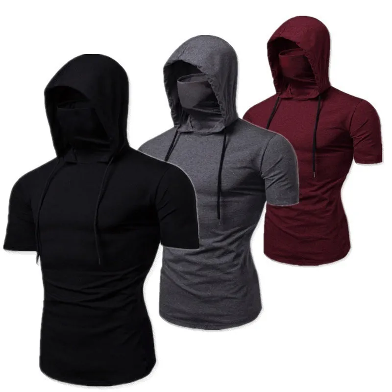 SOLID COLOR HOODED FACE MASK T-SHIRT FOR MEN'S SLIM FIT SPORTS HOODED TIE UP TOP T-SHIRT FOR MEN