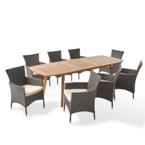 Stefan Outdoor Wood and Wicker Expandable 8 Seater Dining Set