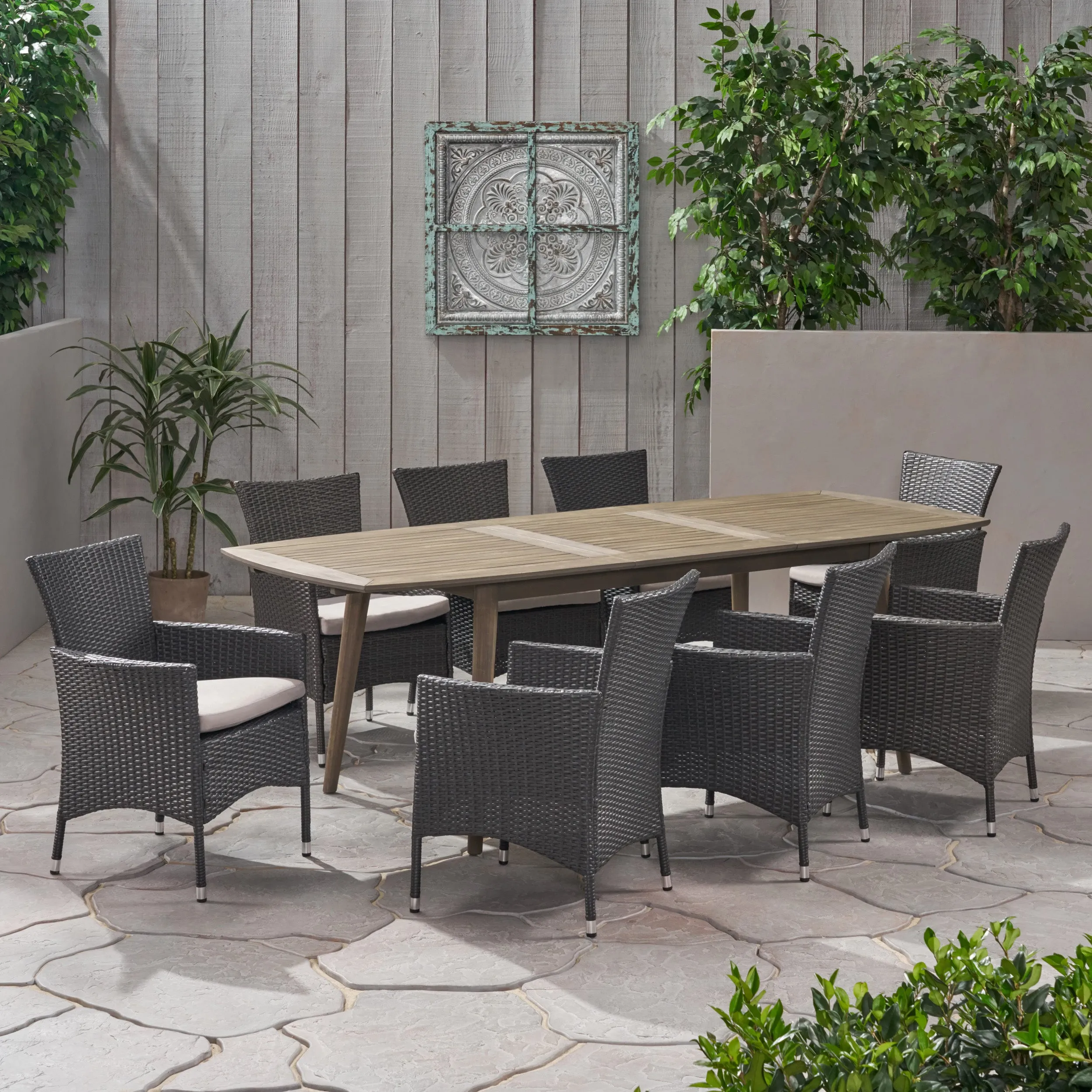 Stefan Outdoor Wood and Wicker Expandable 8 Seater Dining Set