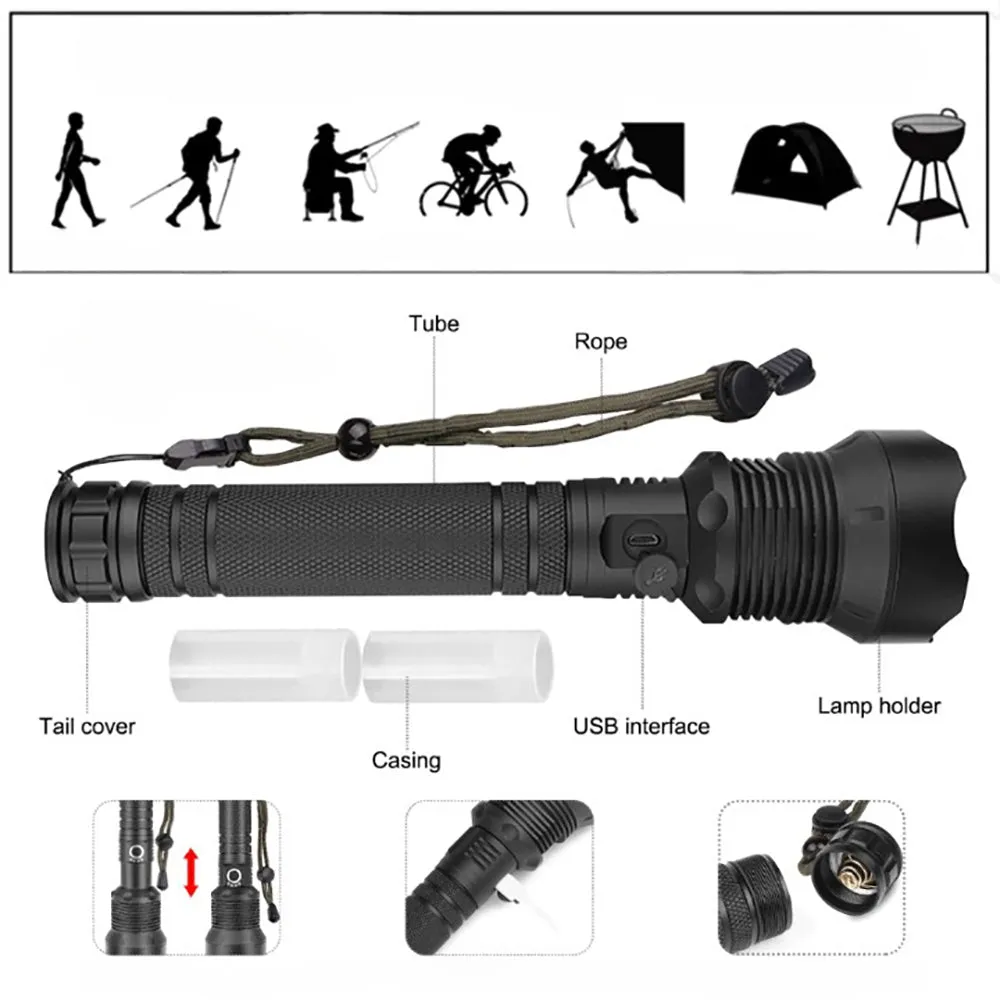 Super Bright Waterproof LED Flashlight 90000 High Lumens - USB Rechargeable