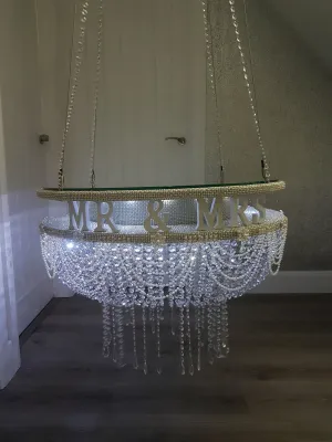 Suspended Swing cake ,Personalised, Mr & Mrs, Pearl and crystal drape stand mirror top   LED heavy duty holds 200lbs by Crystal wedding uk