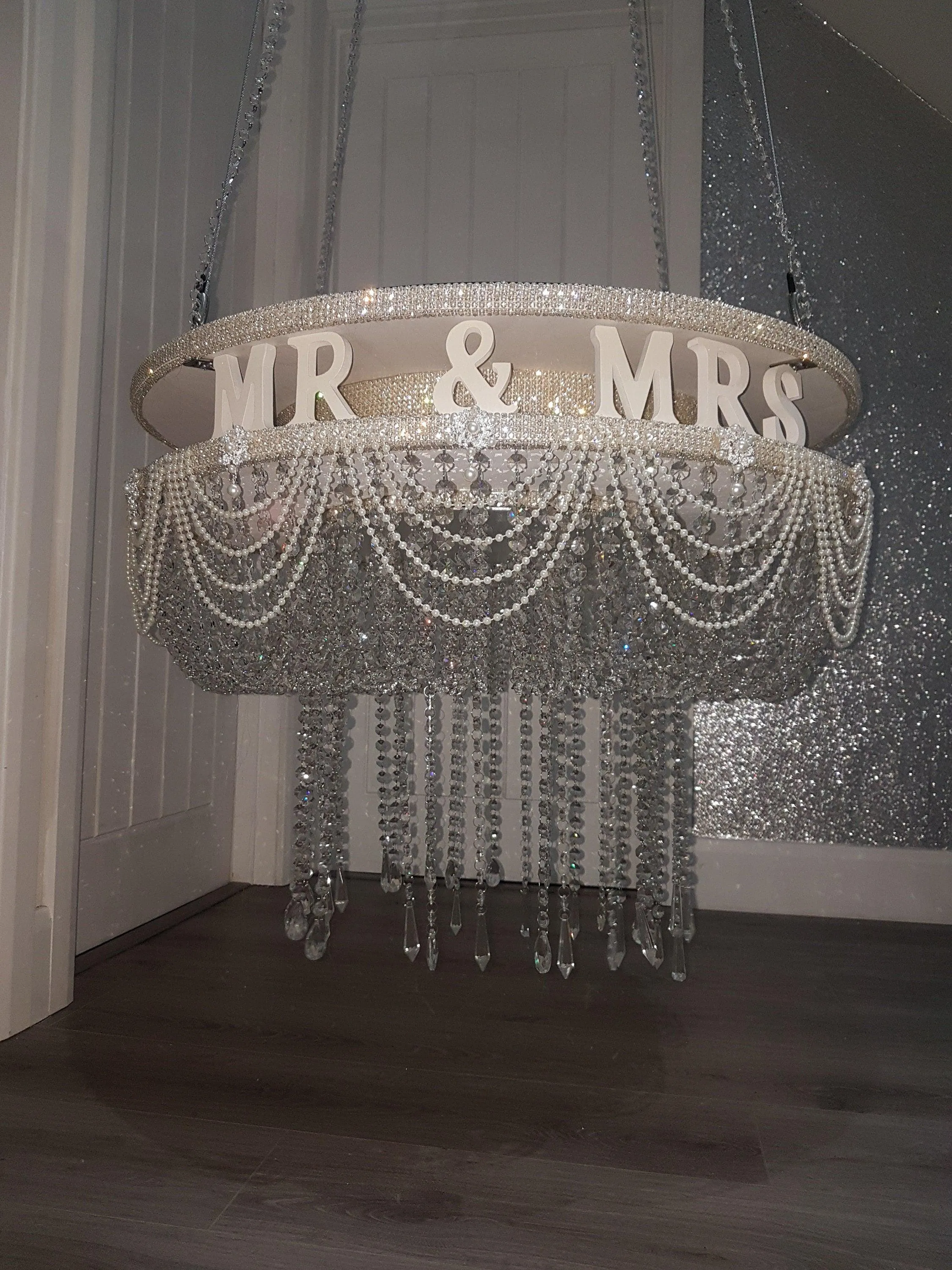 Suspended Swing cake ,Personalised, Mr & Mrs, Pearl and crystal drape stand mirror top   LED heavy duty holds 200lbs by Crystal wedding uk