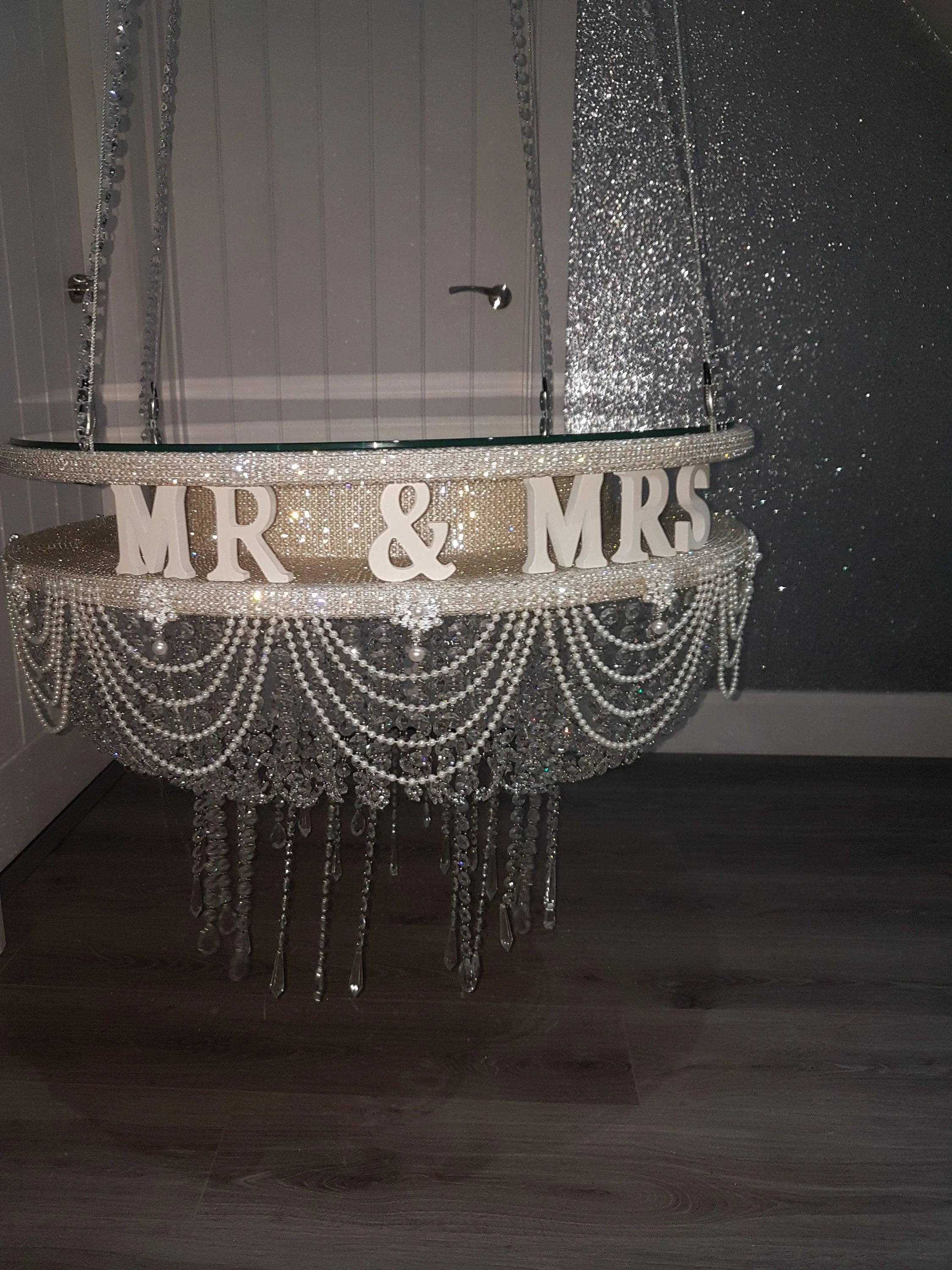 Suspended Swing cake ,Personalised, Mr & Mrs, Pearl and crystal drape stand mirror top   LED heavy duty holds 200lbs by Crystal wedding uk