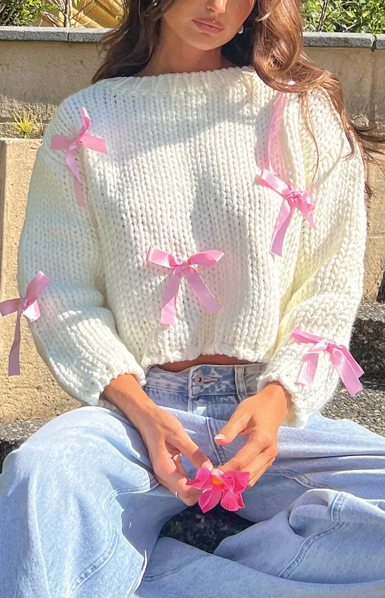 Sweetheart Stitch Bow White Sweater