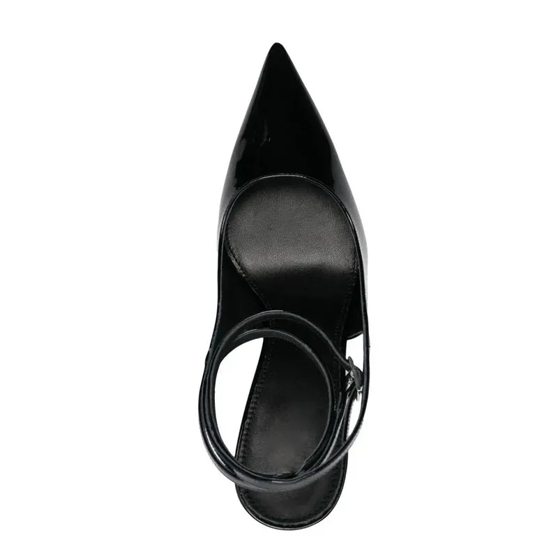 TAVIMART  -  Patent Leather Ankle Strap Pointed Toe Super High Heel Wedges Women Sandals Buckle Black Pumps Fashion Sexy Western Ladies Shoes