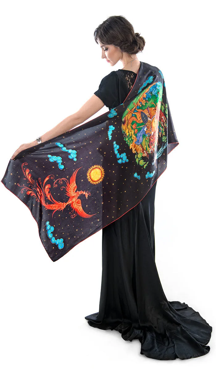 The Firebird, pure silk-satin scarf wrap.