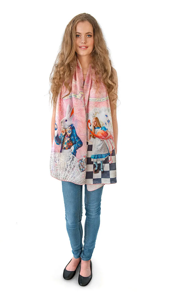 The White Rabbit, pink version, pure silk-satin scarf wrap.