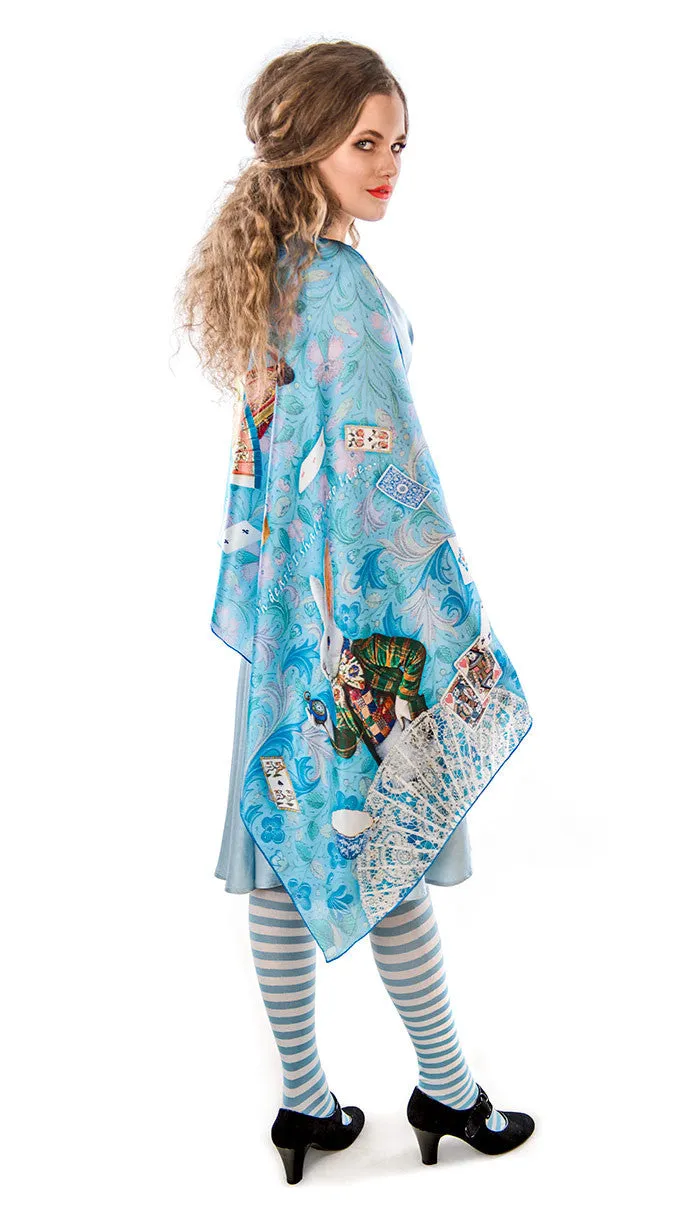 The White Rabbit, sky blue version, pure silk-satin scarf wrap.