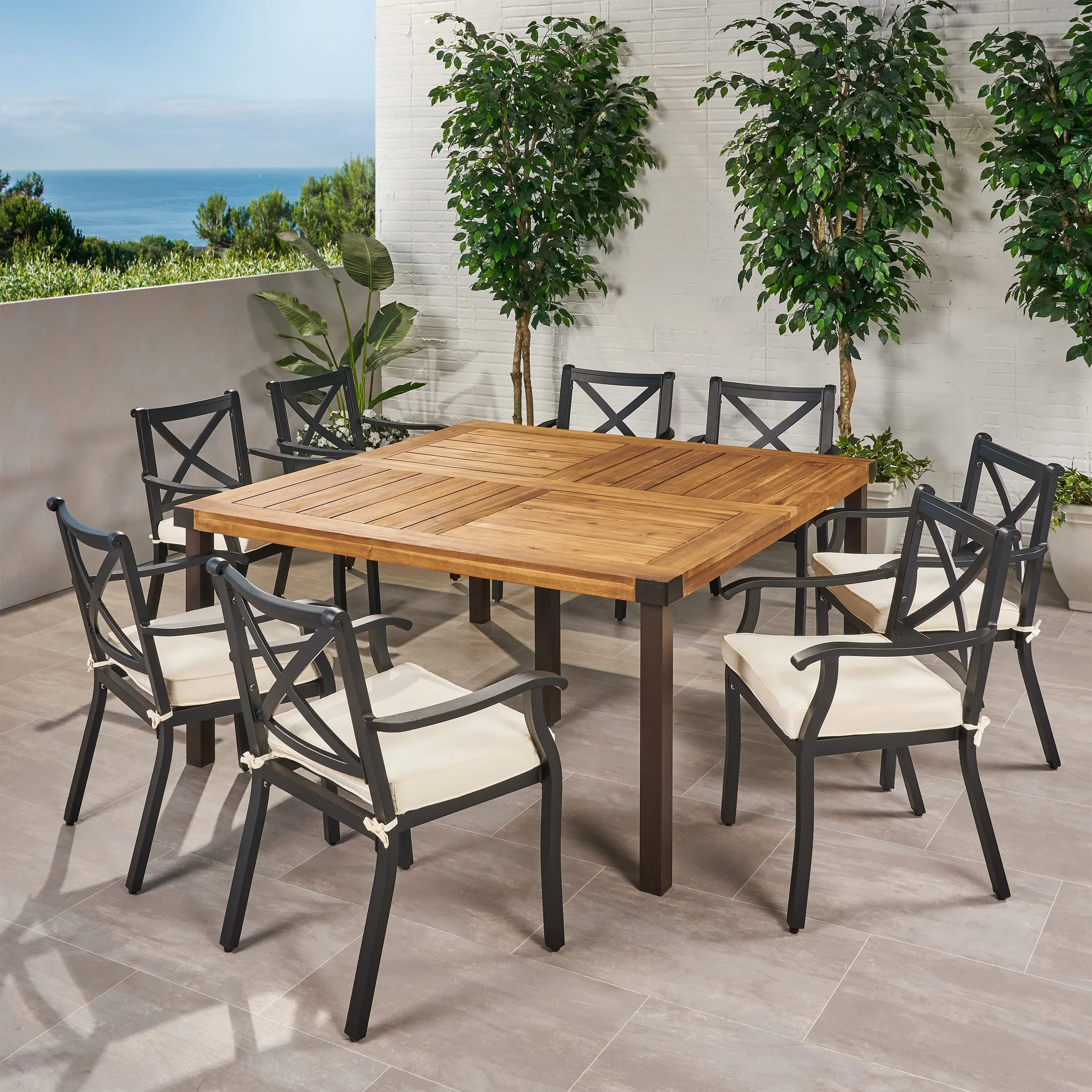 Toula Outdoor 8 Seater Acacia Wood and Cast Aluminum Dining Set with Cushions