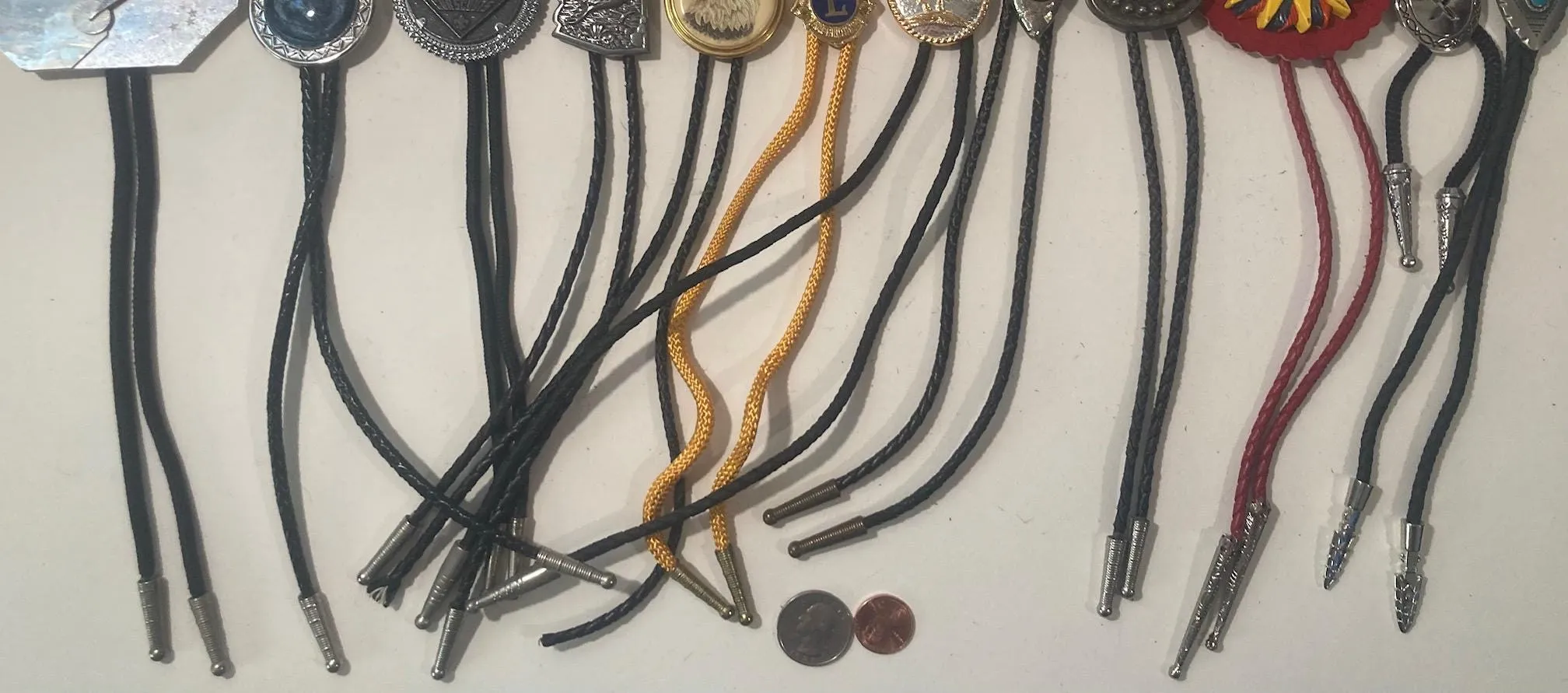 Vintage Lot of  12 Metal Bolo Ties, Roadrunner, Eagle, Cowboy End of Trail, Arrowhead, More, Nice Designs, Quality, Heavy Duty