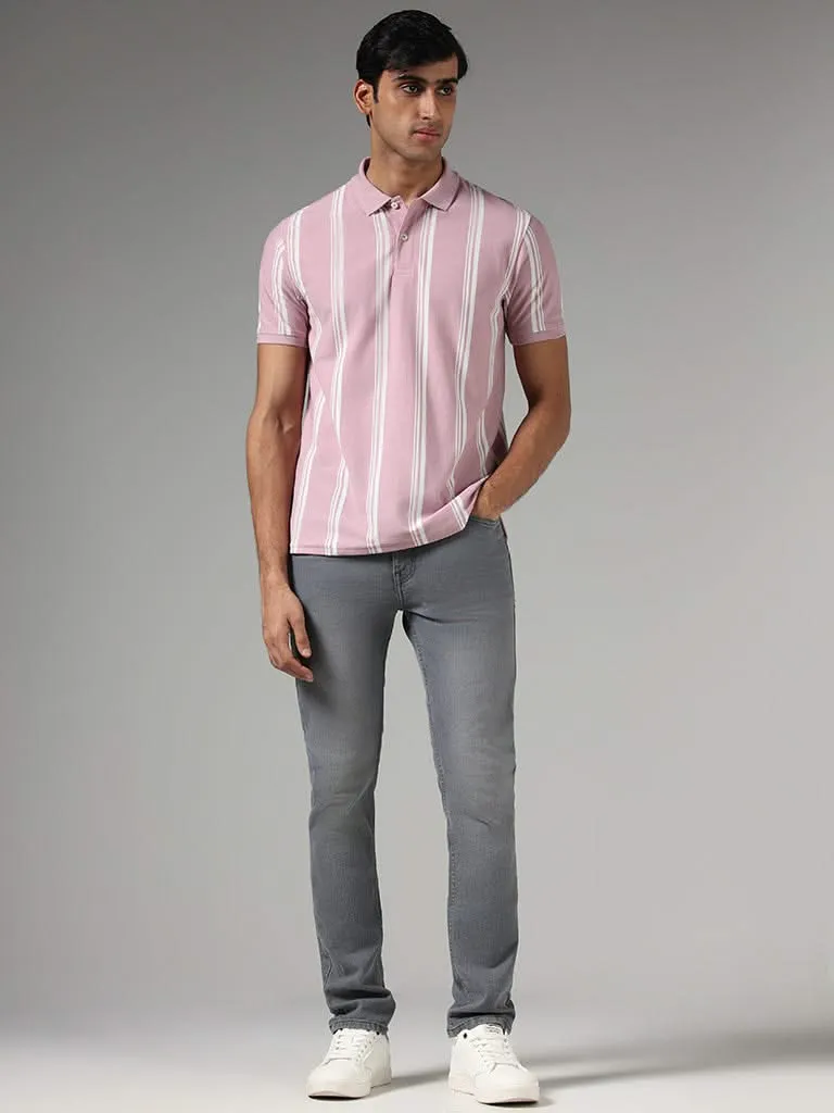 WES Casuals Pink Striped Slim-Fit Polo T-Shirt