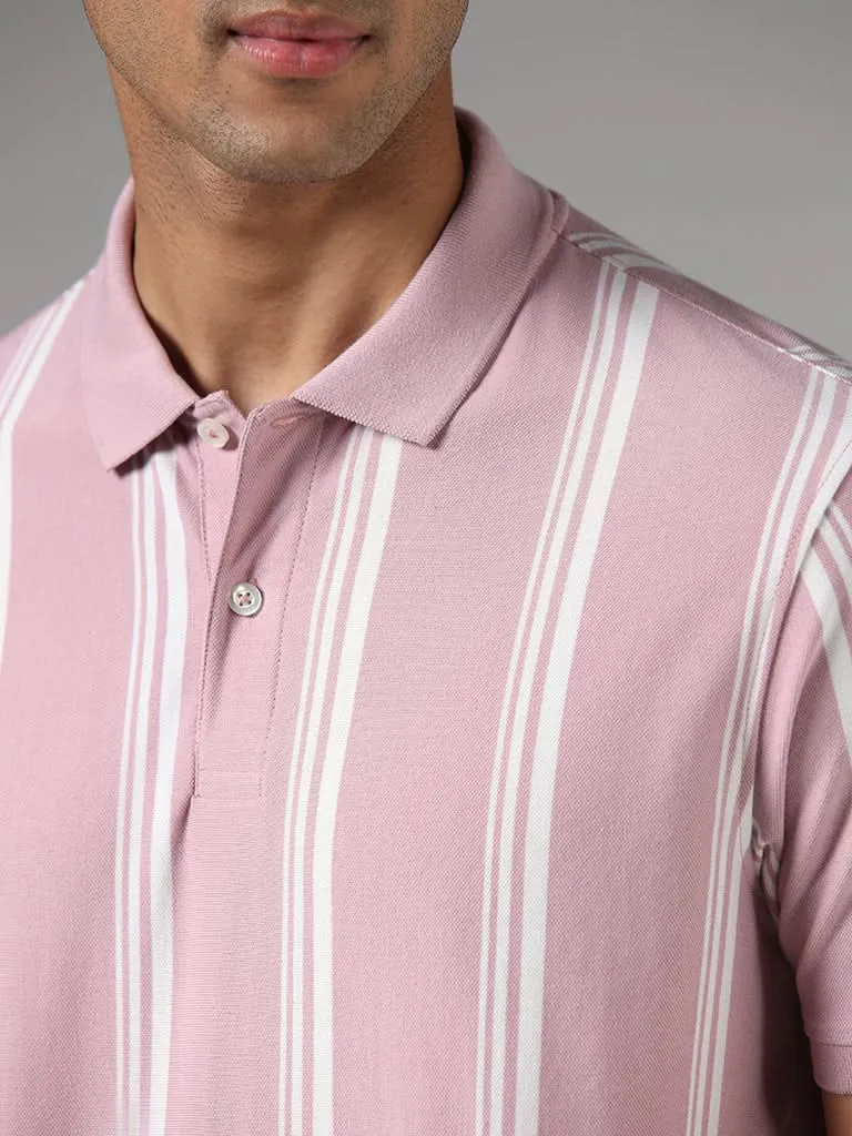 WES Casuals Pink Striped Slim-Fit Polo T-Shirt