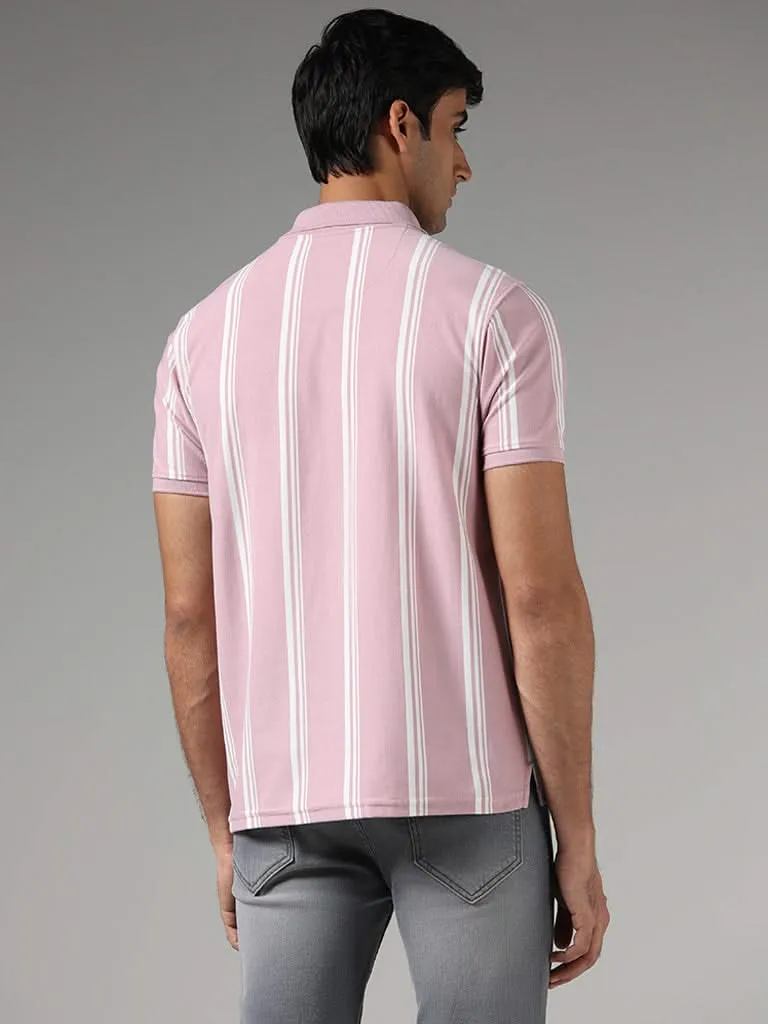 WES Casuals Pink Striped Slim-Fit Polo T-Shirt