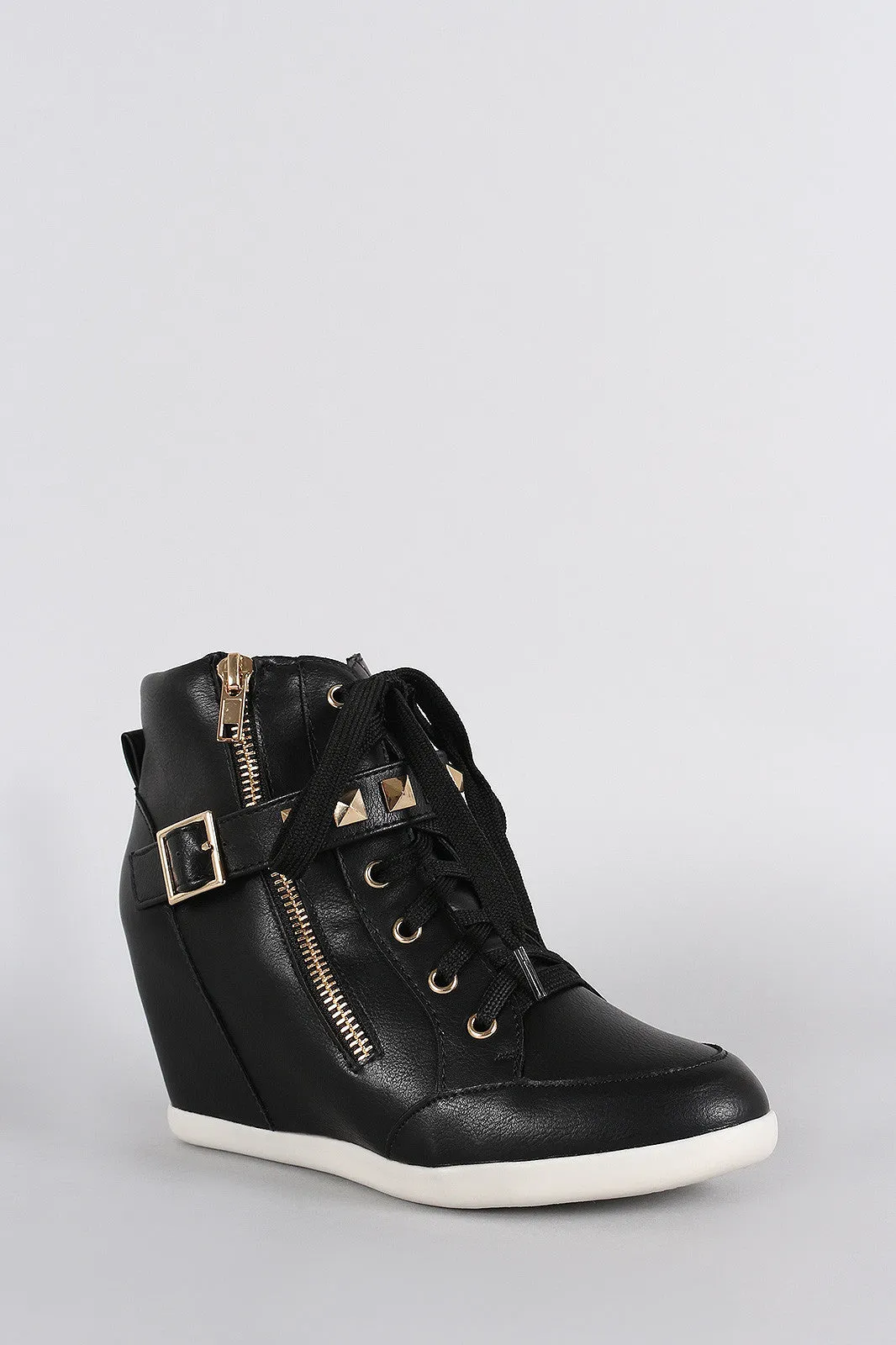 Wild Diva Lounge Studded Buckle Lace Up High Top Wedge Sneaker