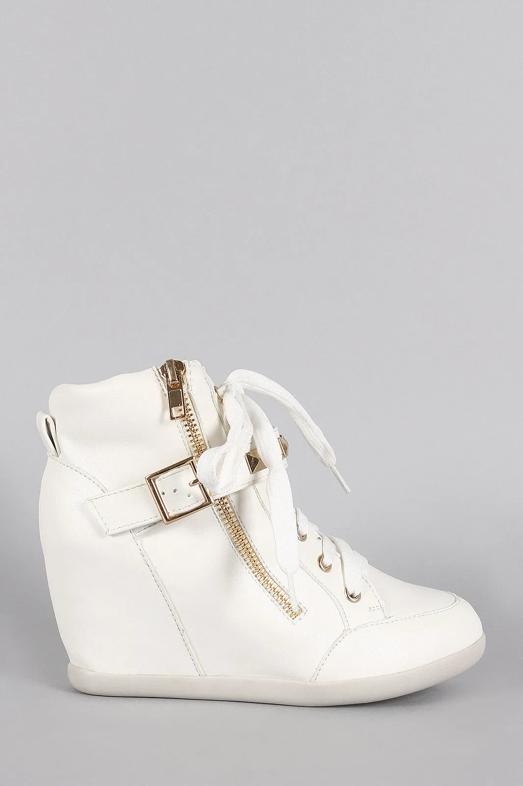 Wild Diva Lounge Studded Buckle Lace Up High Top Wedge Sneaker