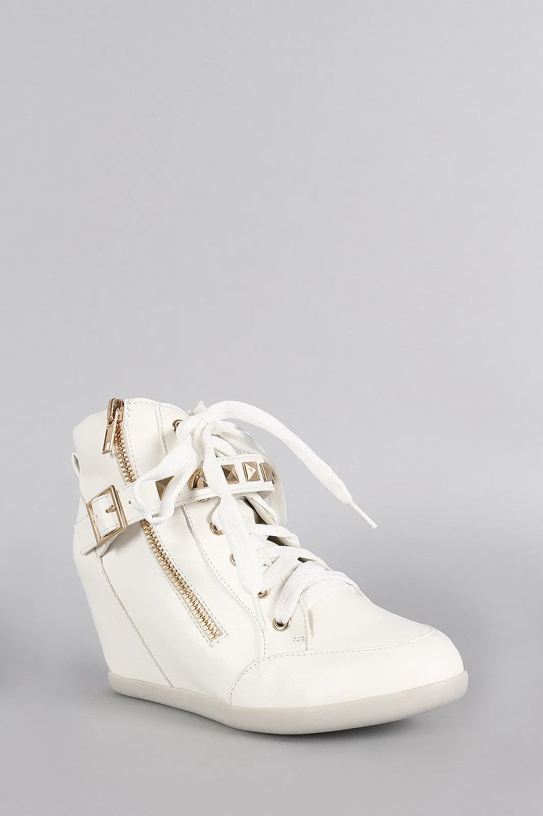 Wild Diva Lounge Studded Buckle Lace Up High Top Wedge Sneaker