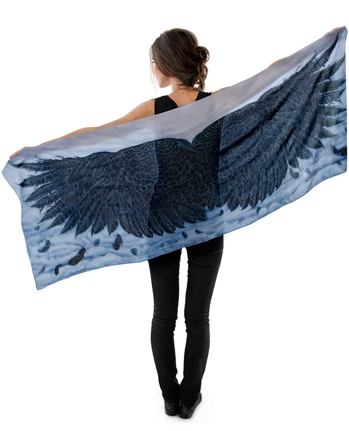 Wings of an Angel, black version, pure silk-satin scarf wrap.