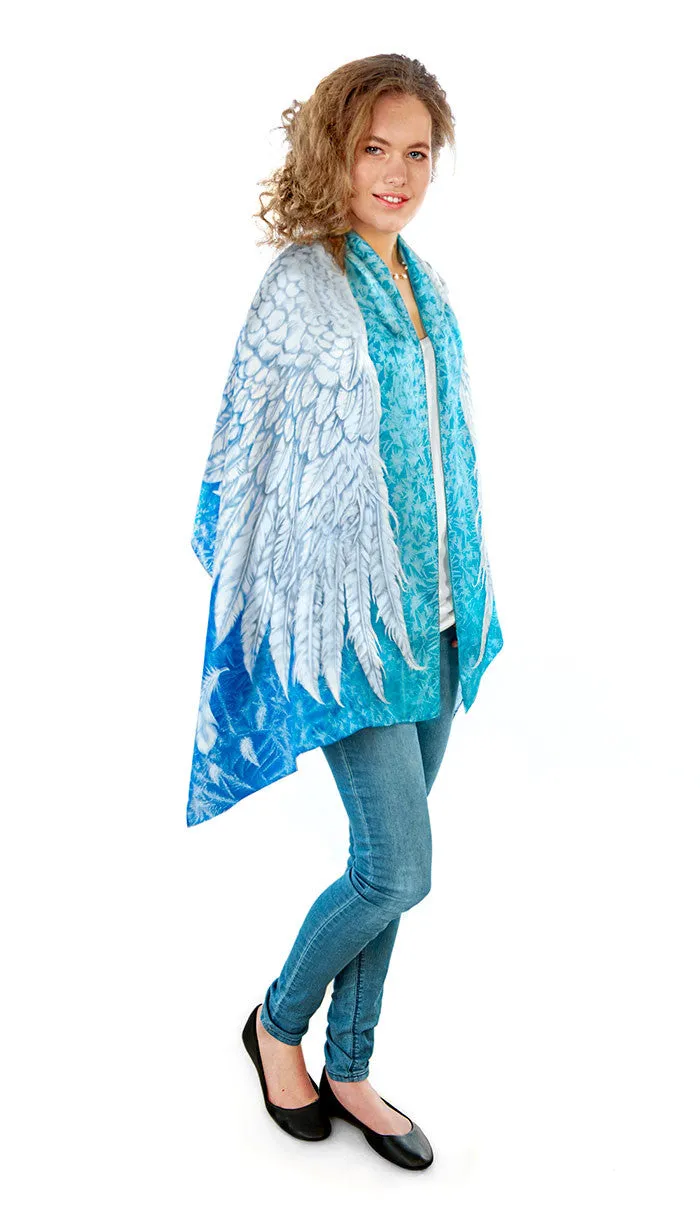 Wings of an Angel pure silk-satin scarf wrap. Blue version.