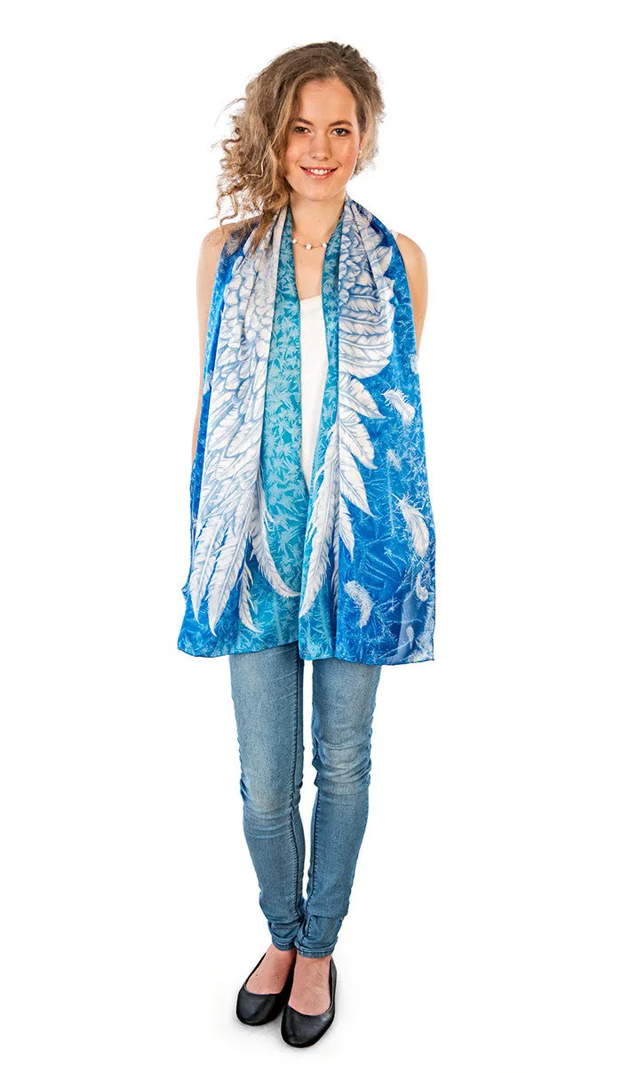 Wings of an Angel pure silk-satin scarf wrap. Blue version.