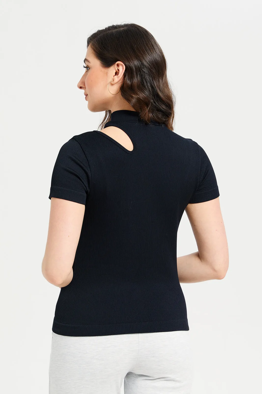 Women Black Ribbed Cutout T-Shirt