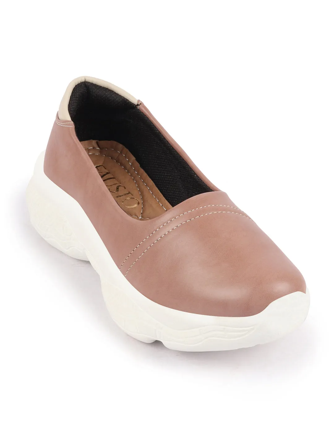 Women Peach Outdoor Fashion Stitched Design Slip On Shoes